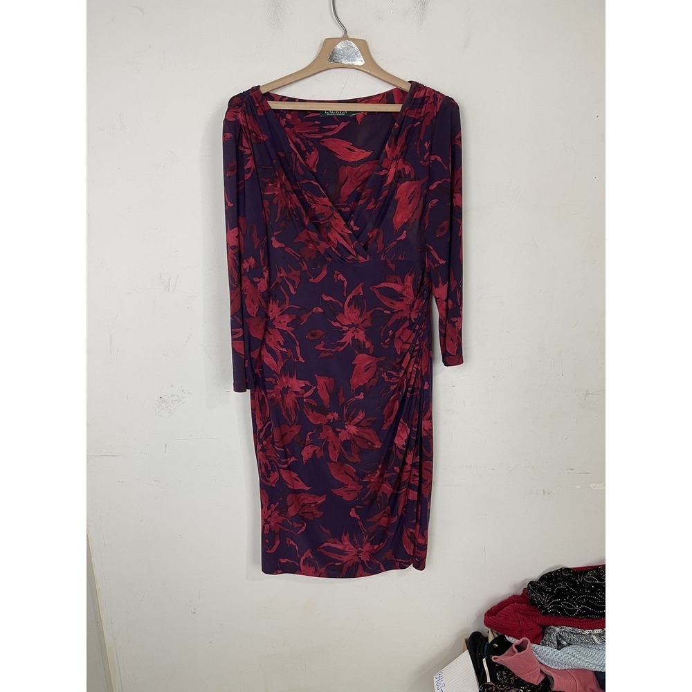 LRL Ralph Lauren Womens Dress 12 Red Floral Wrap Romantic Date Night Valentines